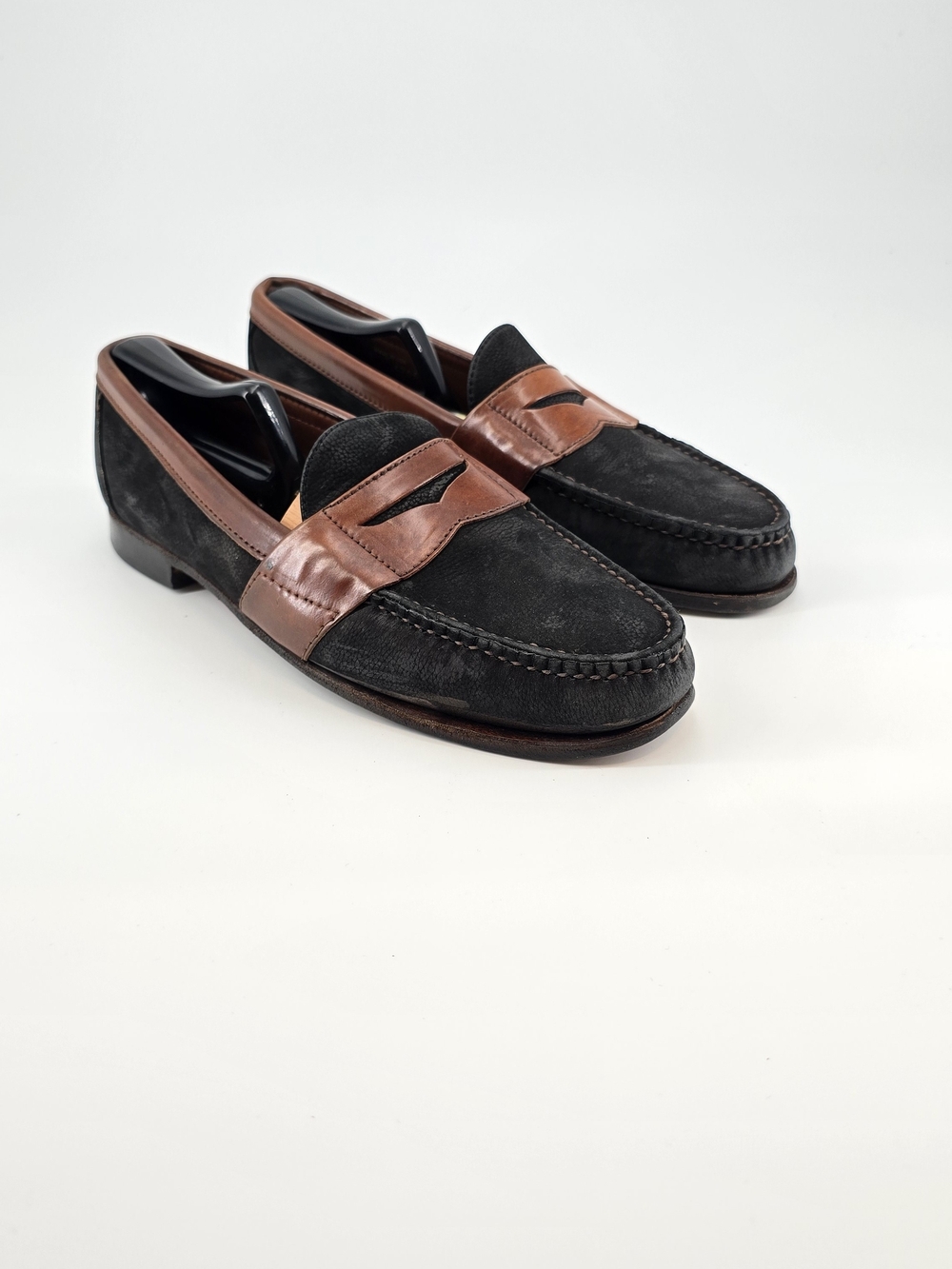 Allen Edmonds Townsend Black Nubuck and Brown Leather Penny Loafers 9.5 B
